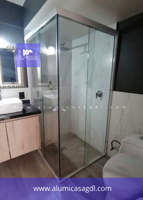 Cacel de baño escuadra aluminio anodizado tono blanco cristal templado transparente